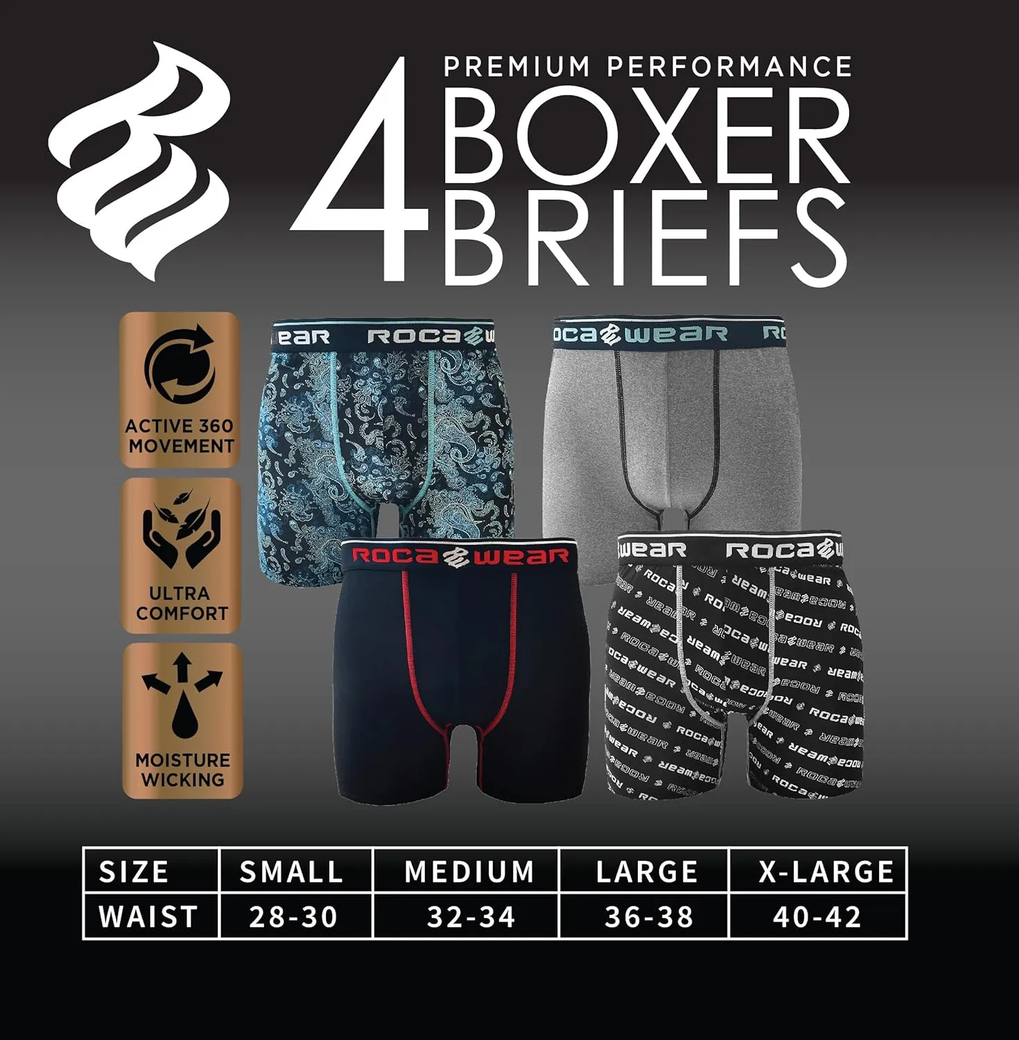 Rocawear Performance 4, 5 or 6 Pack Sport Fit Underwear, Stretch Performance Breathable Cool Support Men Boxer Briefs