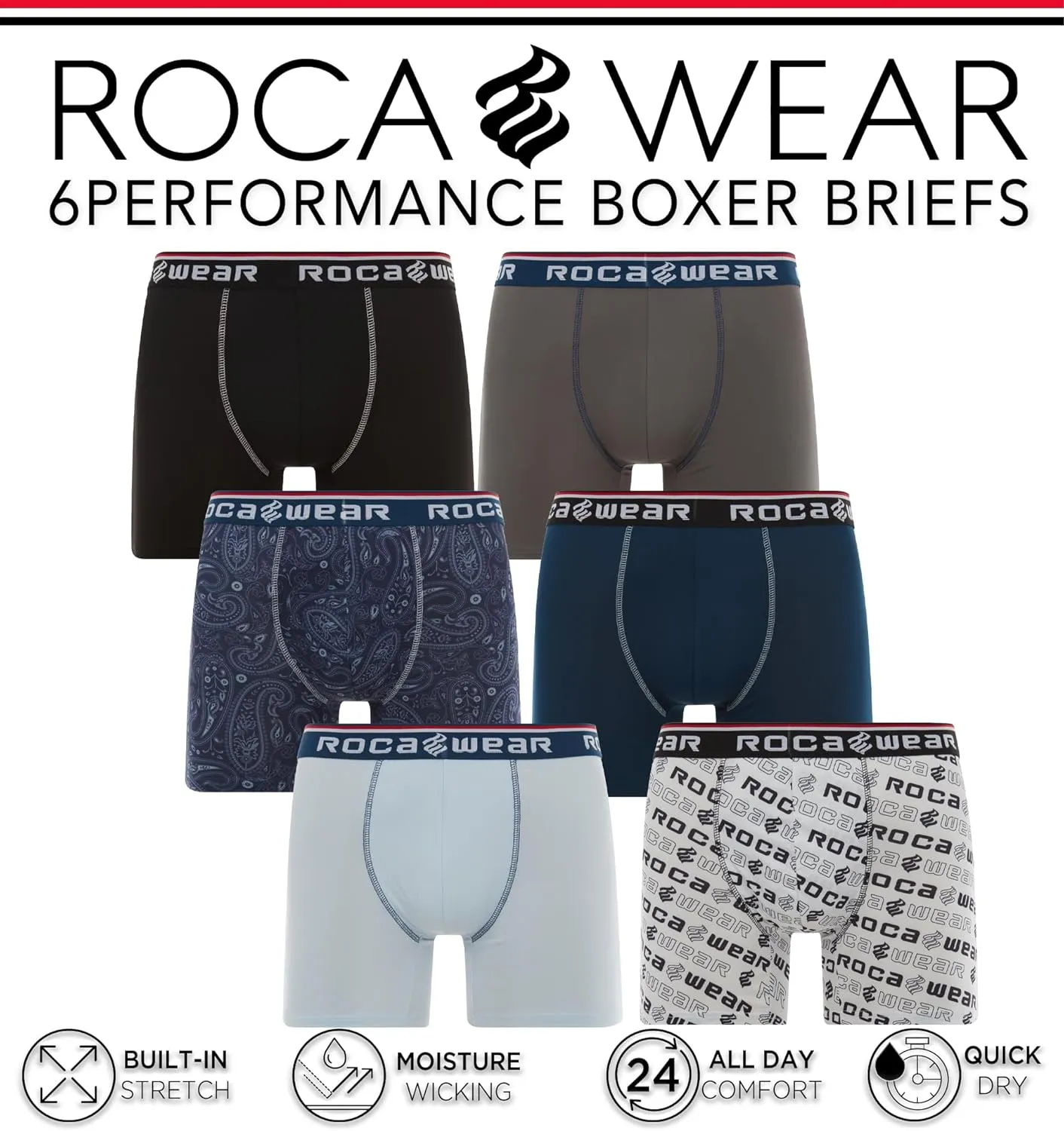 Rocawear Performance 4, 5 or 6 Pack Sport Fit Underwear, Stretch Performance Breathable Cool Support Men Boxer Briefs
