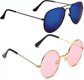 Round, Aviator Sunglasses (For Men & Women, Blue, Pink)