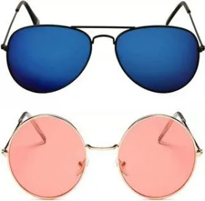 Round, Aviator Sunglasses (For Men & Women, Blue, Pink)