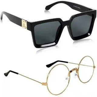 Round, Rectangular Sunglasses (For Men & Women, Black, Golden)