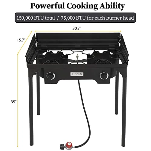 ROVSUN 2 Burner Outdoor Camping Stove with Wind Panel, 150,000 BTU Propane Burner, Gas Cooker with Detachable Legs & CSA Regulator for Home Camp Paito Cooking Frying Canning