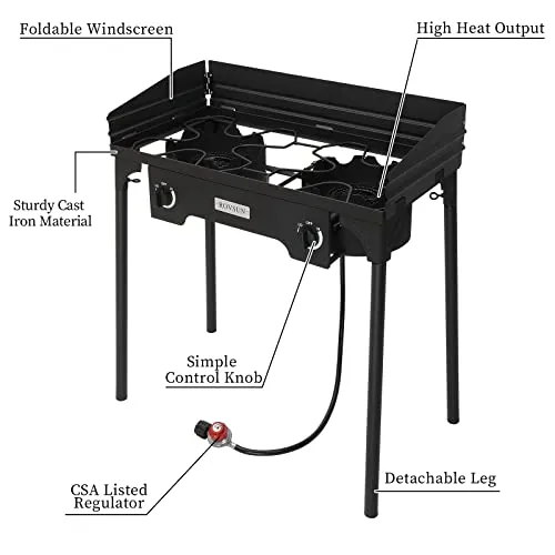 ROVSUN 2 Burner Outdoor Camping Stove with Wind Panel, 150,000 BTU Propane Burner, Gas Cooker with Detachable Legs & CSA Regulator for Home Camp Paito Cooking Frying Canning
