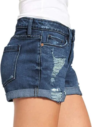 Rvidbe Jean Shorts Womens Denim Shorts for Women Mid Rise Ripped Jean Shorts Stretchy Folded Hem Hot Short Jeans Denim Shorts Women Stretchy