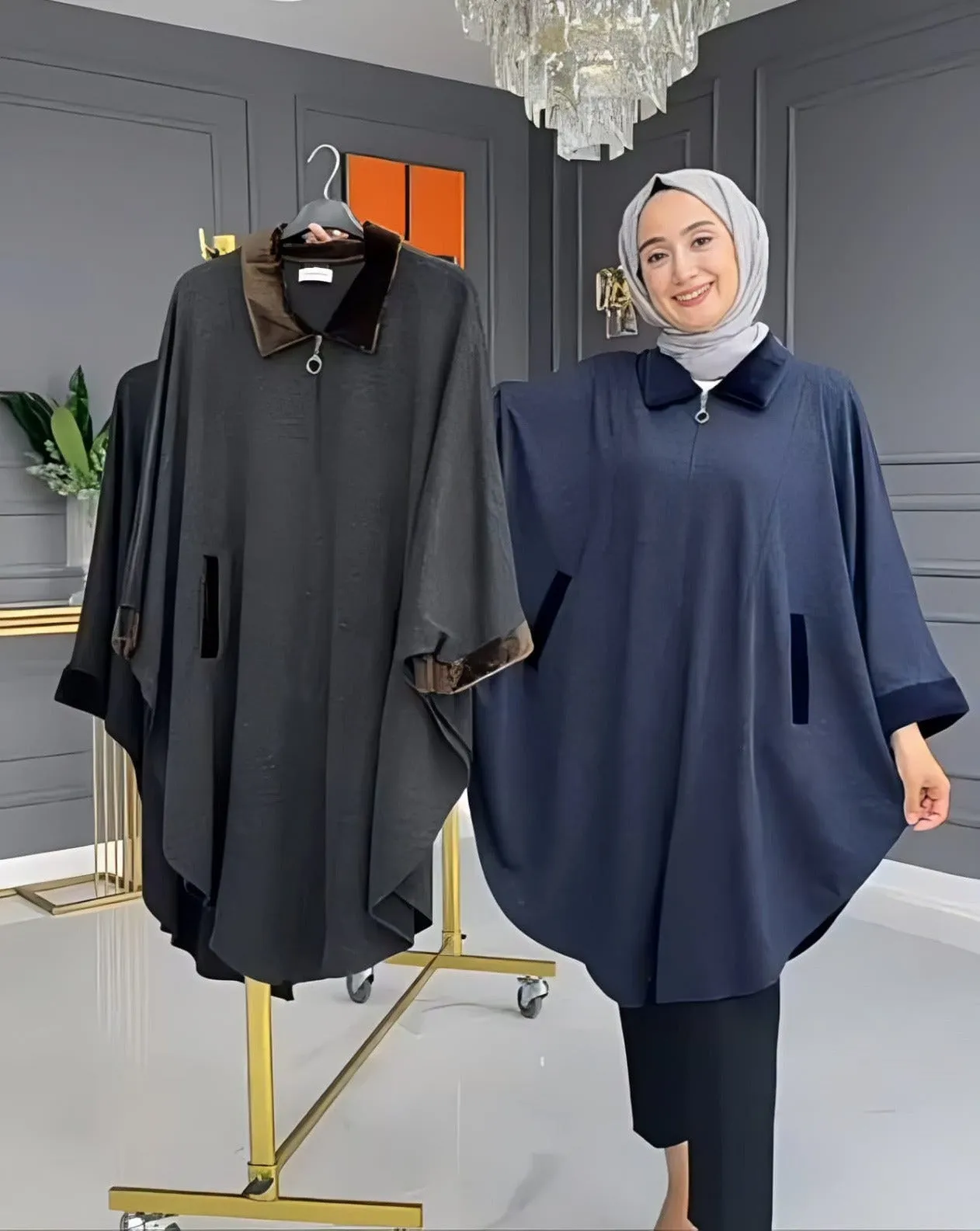 Saimwear Zipper Shawl Ponchos With Cozy Neck CH 389