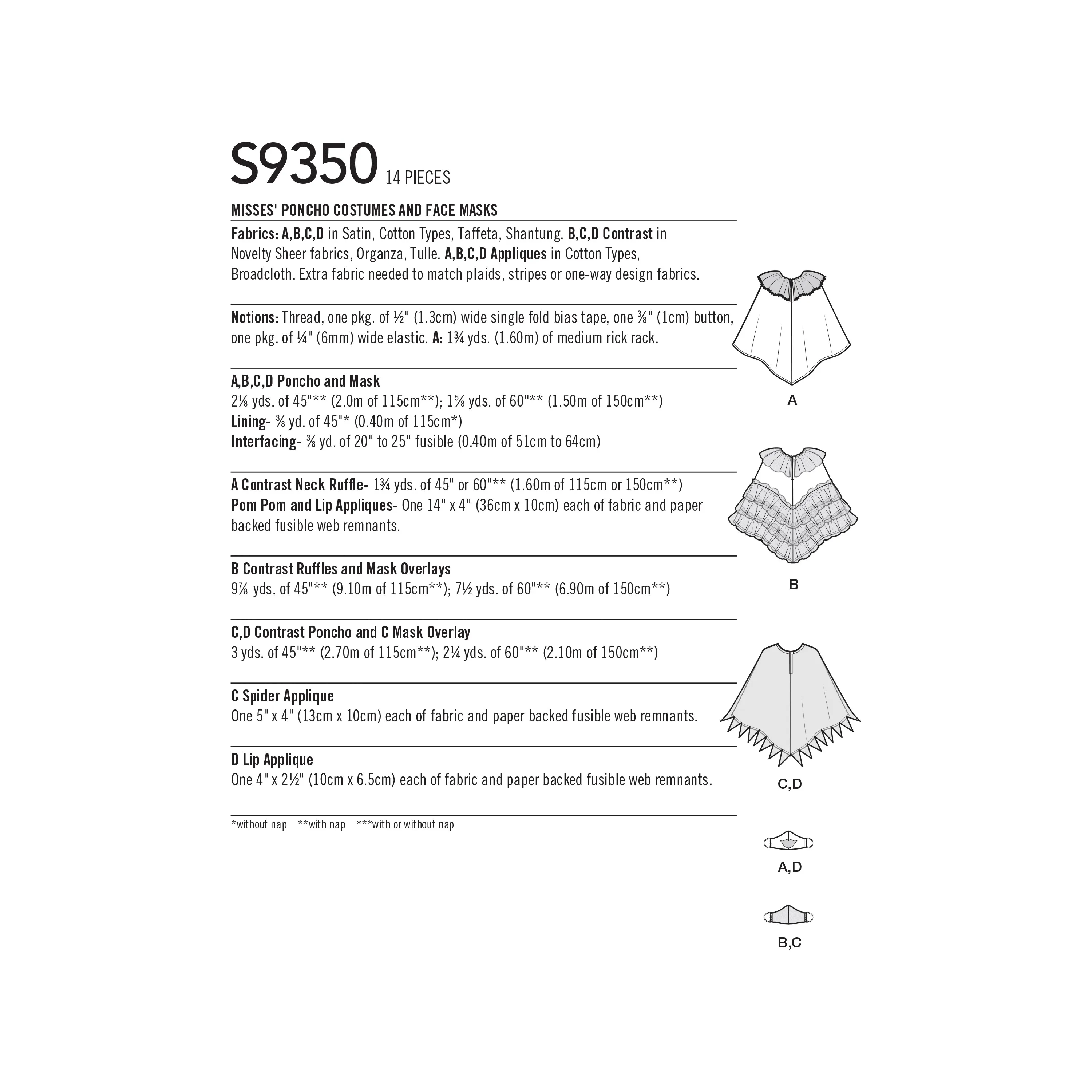 Simplicity Sewing Pattern 9350 Misses' Poncho Costumes and Face Masks