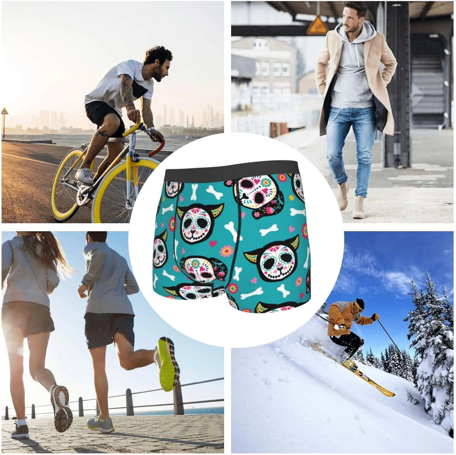 Skull Cat Print Boxer Briefs For Men Breathable Underwear-