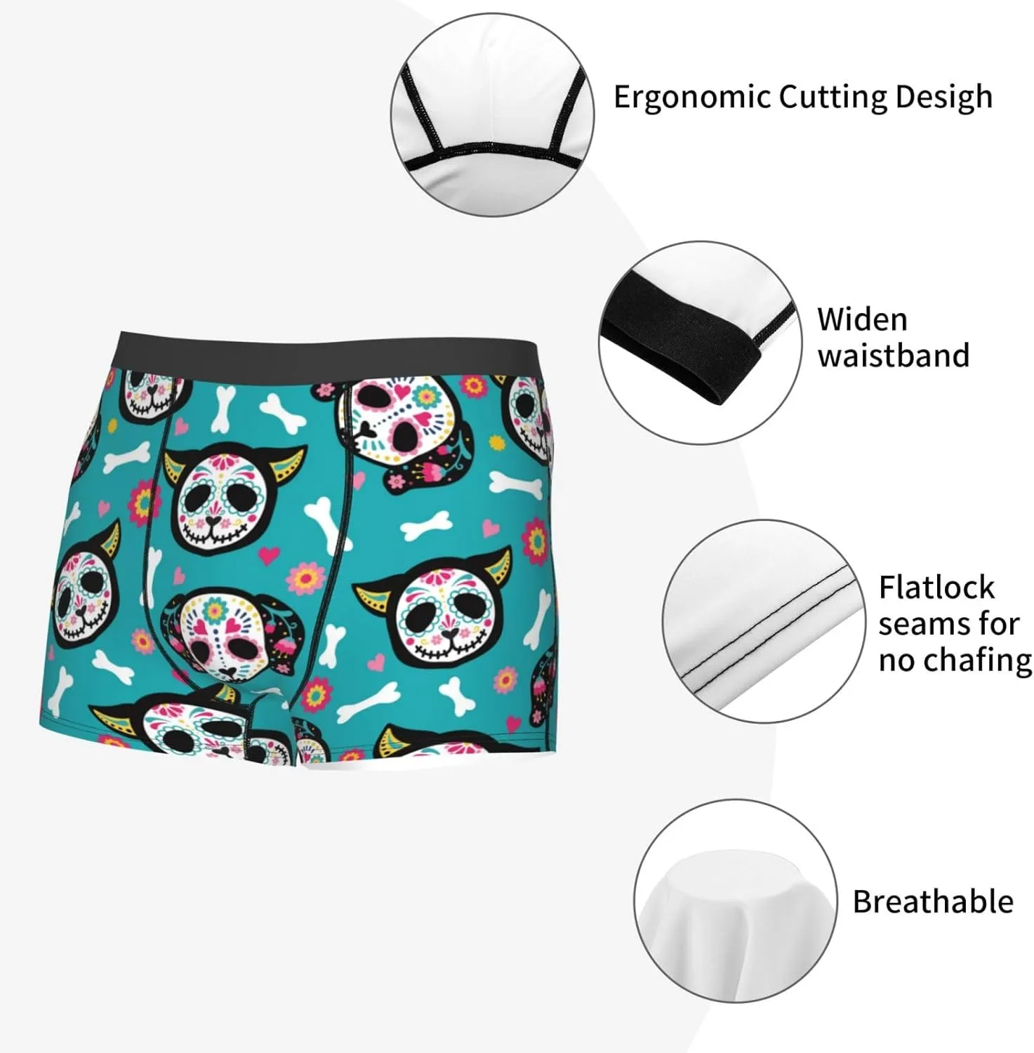Skull Cat Print Boxer Briefs For Men Breathable Underwear-