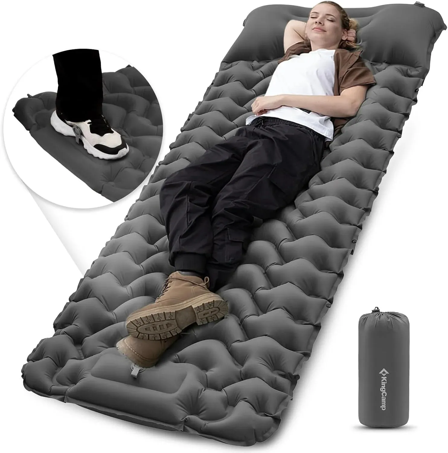 Sleeping Pad for Camping Mattress with Built in Foot Pump Connectable, Durable Inflatable Self Inflating Sleeping Pad with Pillow Compact & Comfortable for Camping and Hiking, Olive