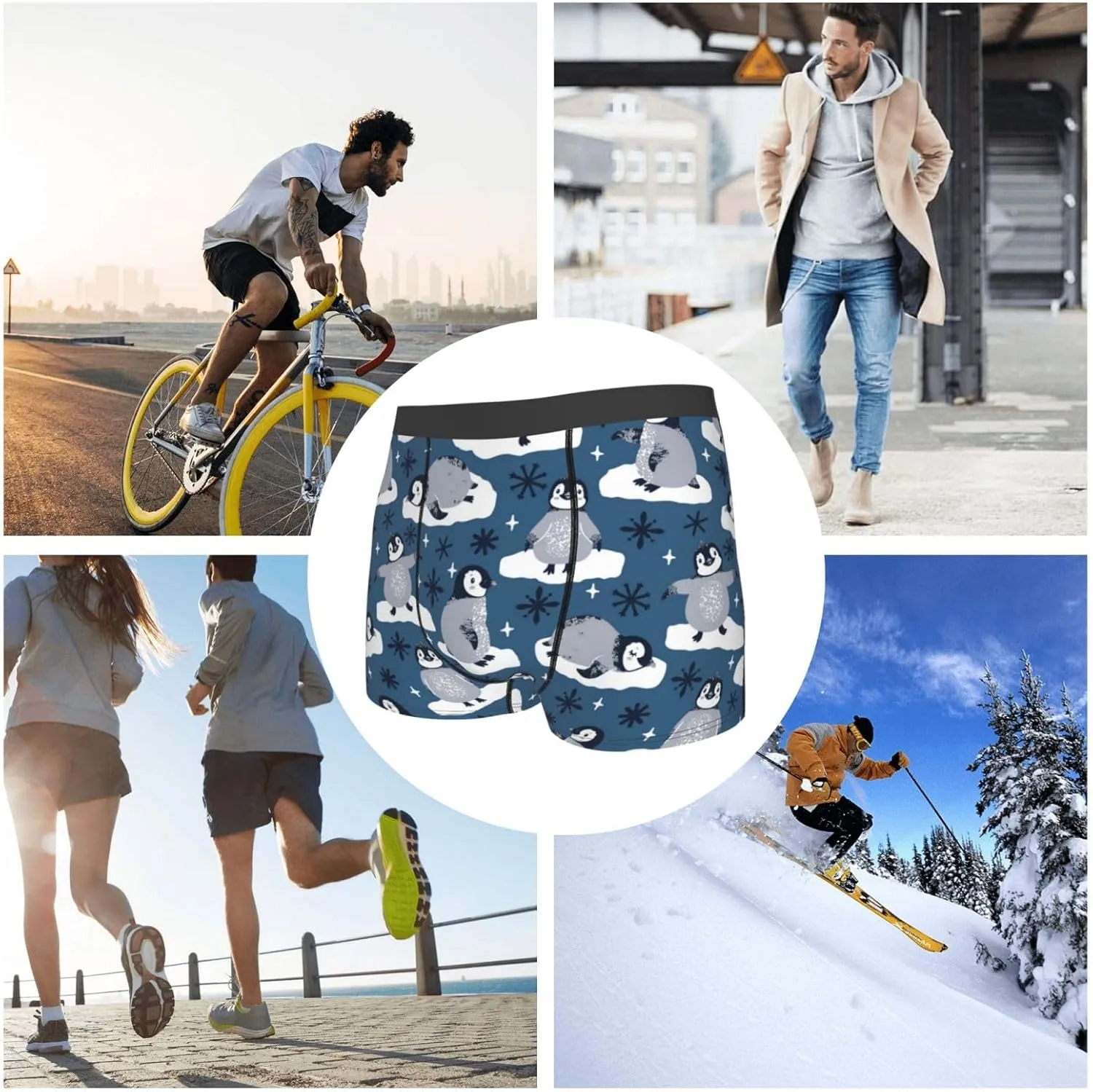 Snow Penguin Print Boxer Briefs For Men Breathable Underwear-