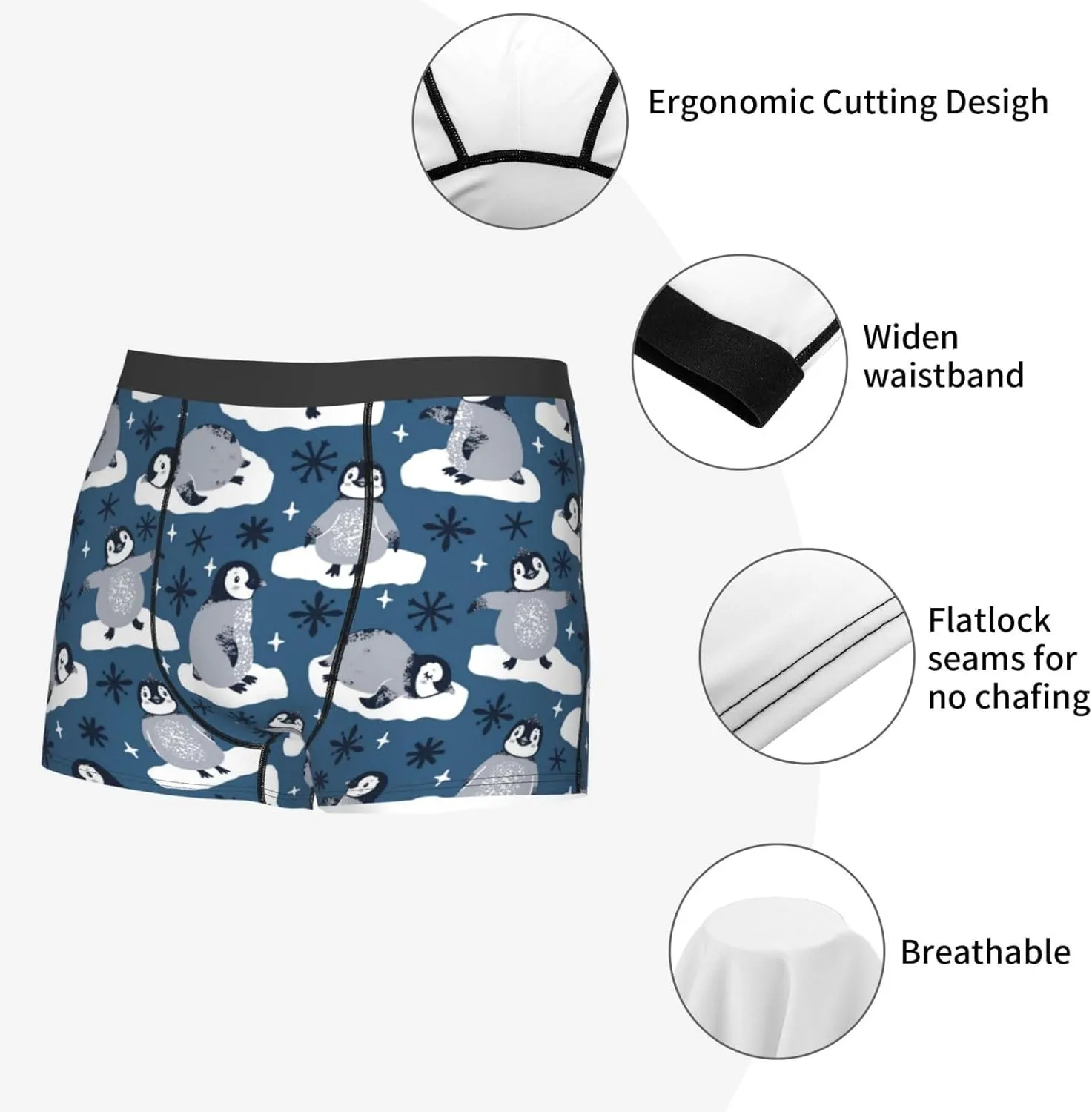 Snow Penguin Print Boxer Briefs For Men Breathable Underwear-