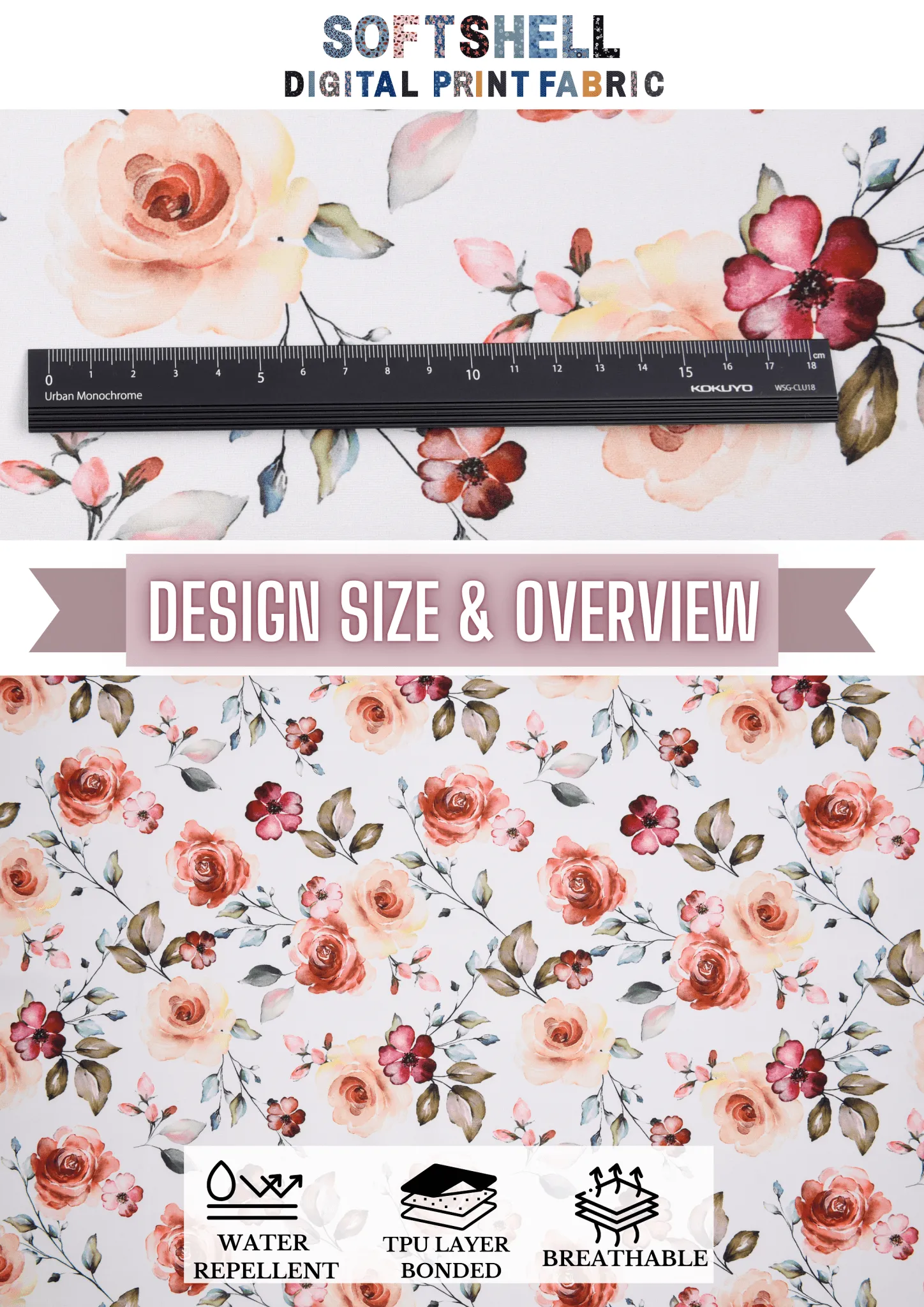 Softshell fabric Roses Digital Print Water Repellent Resistant