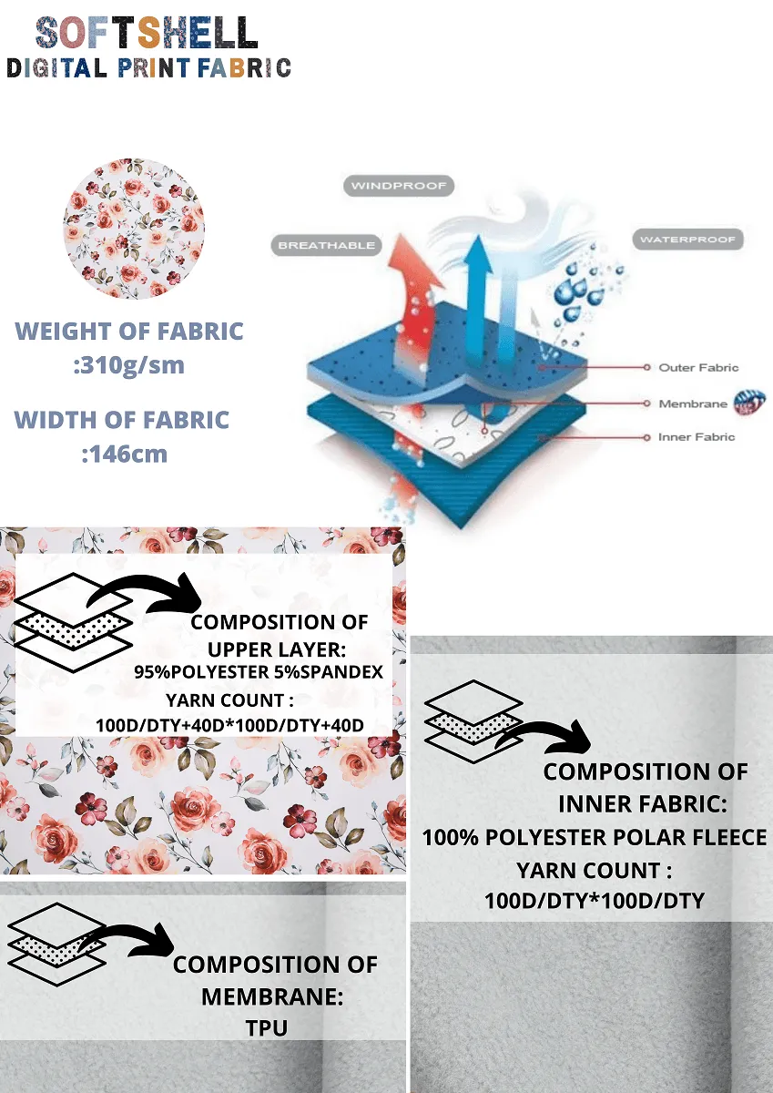 Softshell fabric Roses Digital Print Water Repellent Resistant
