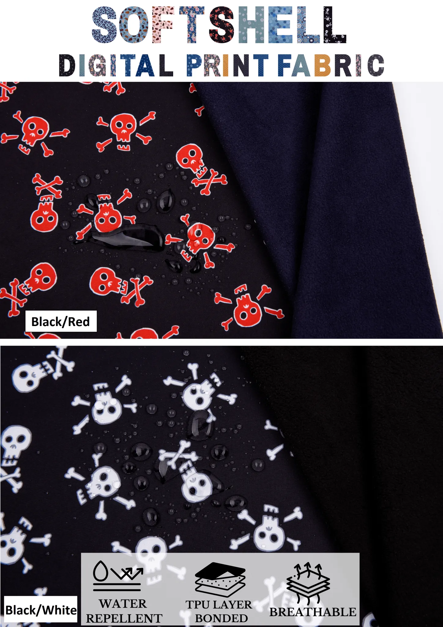 Softshell fabric Skeleton Print Water Repellent Resistant