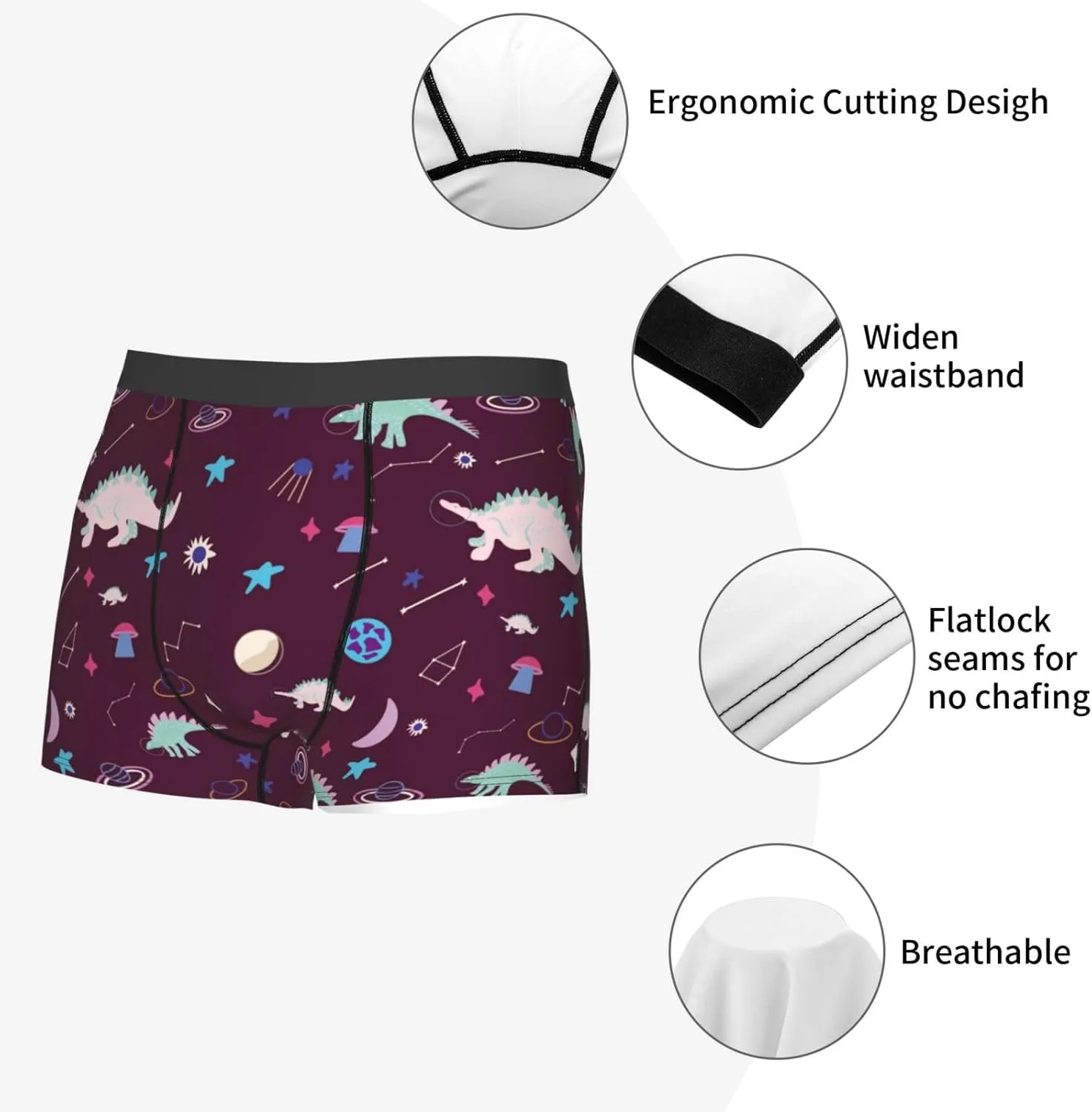 Space Dinosaur Print Boxer Briefs For Men Breathable Underwear-