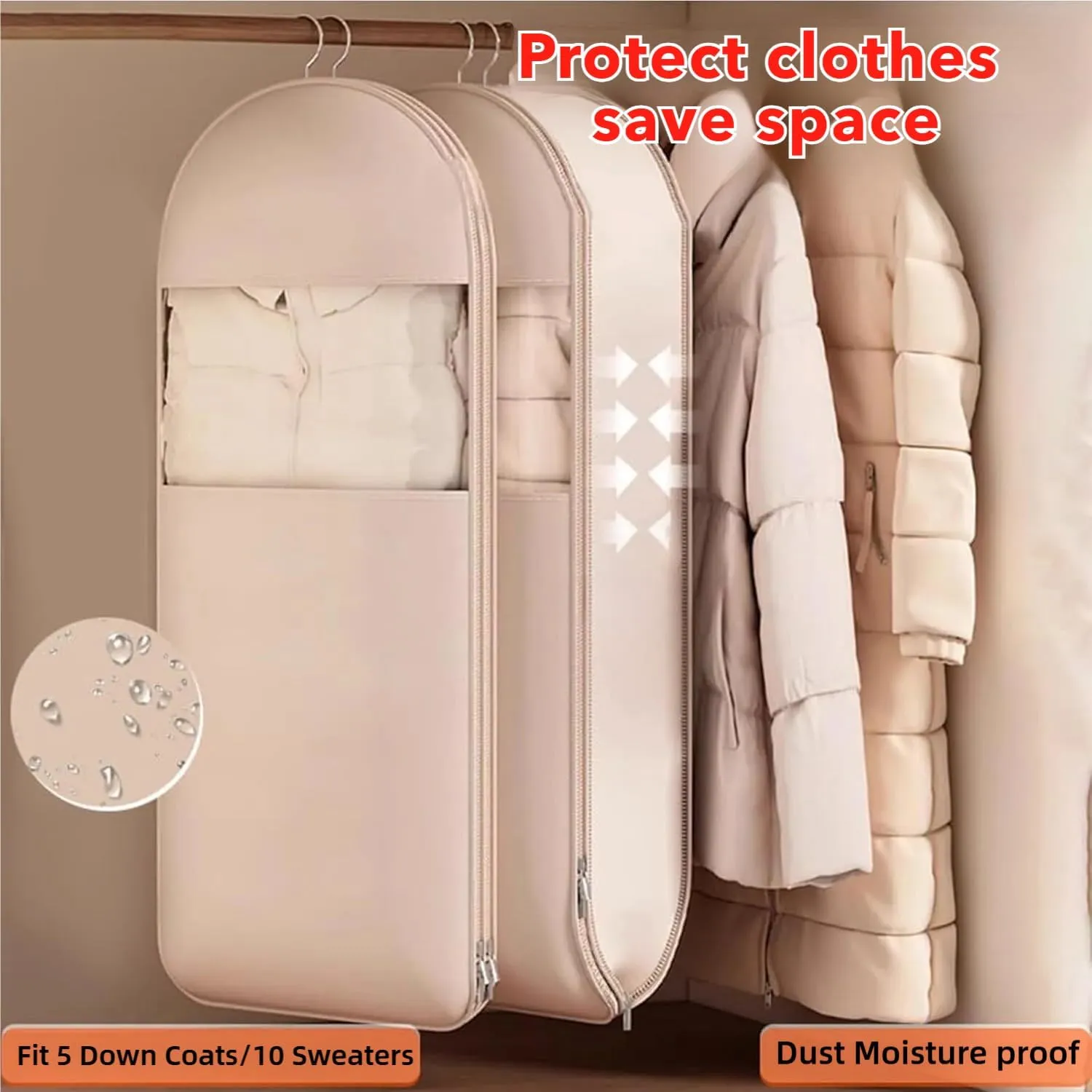 SpaceSavingHangingGarmentBag with Self Compression Zipper, Garment BagsforHangingClothes,ClothesStorageBag,DustCoverforDownCoat,Compression Hanging Organizer (pink, L)