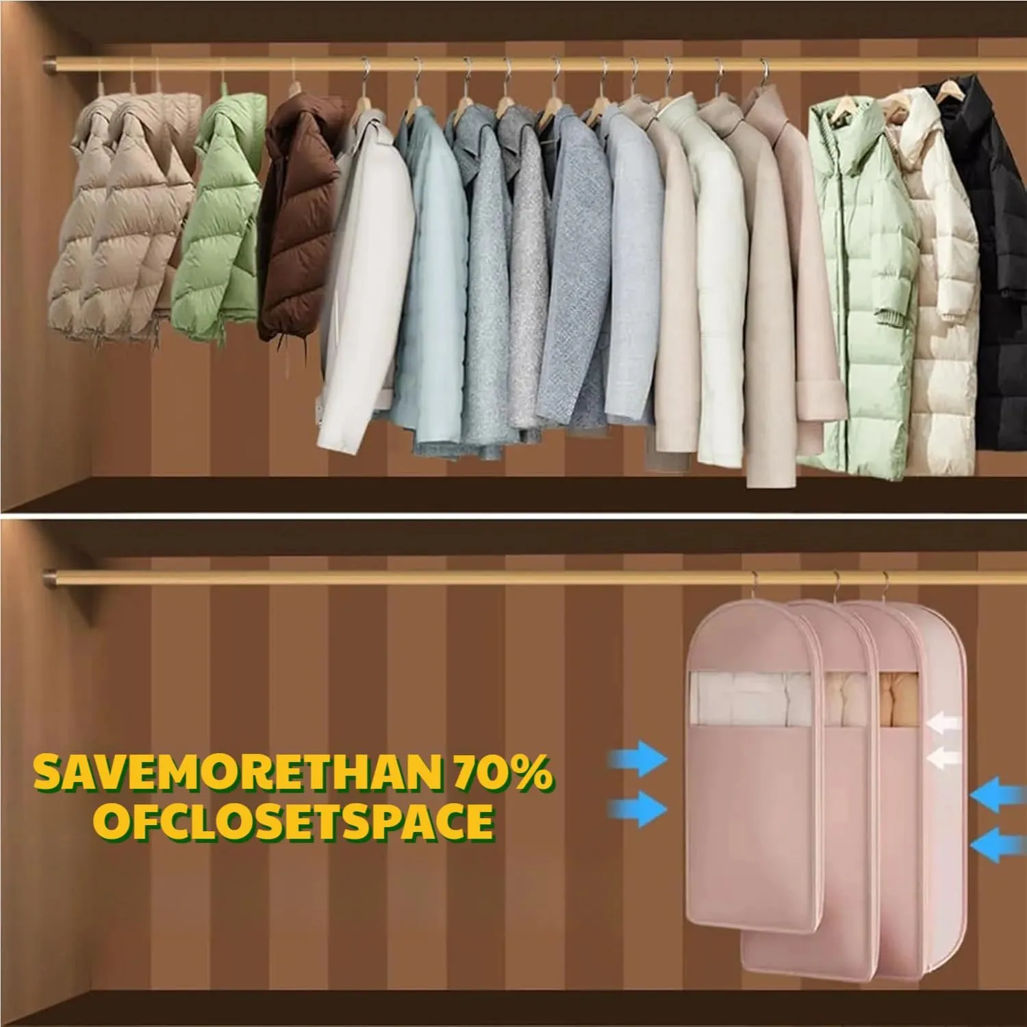 SpaceSavingHangingGarmentBag with Self Compression Zipper, Garment BagsforHangingClothes,ClothesStorageBag,DustCoverforDownCoat,Compression Hanging Organizer (pink, L)