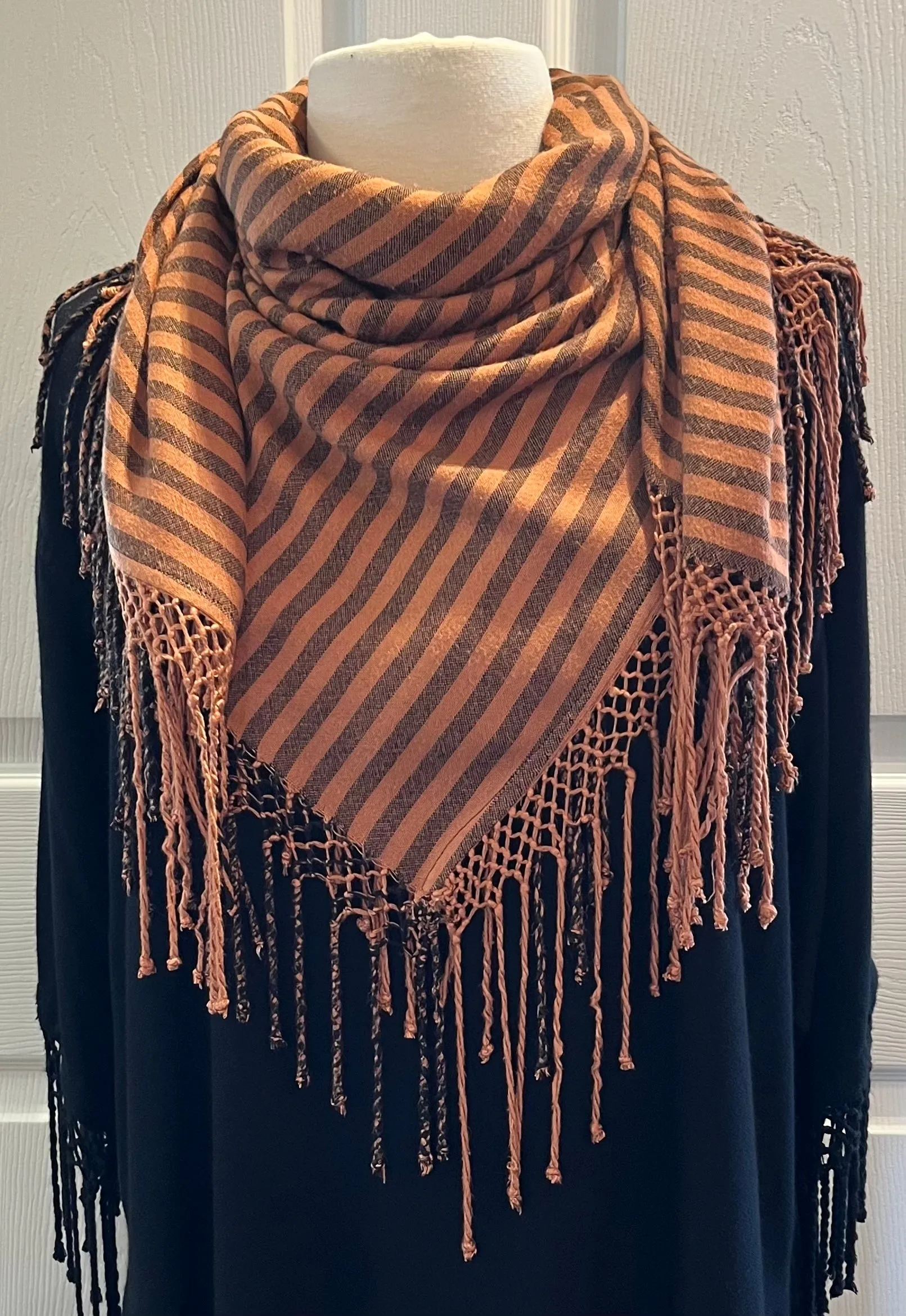 Terra Cotta Striped Fringed Poncho