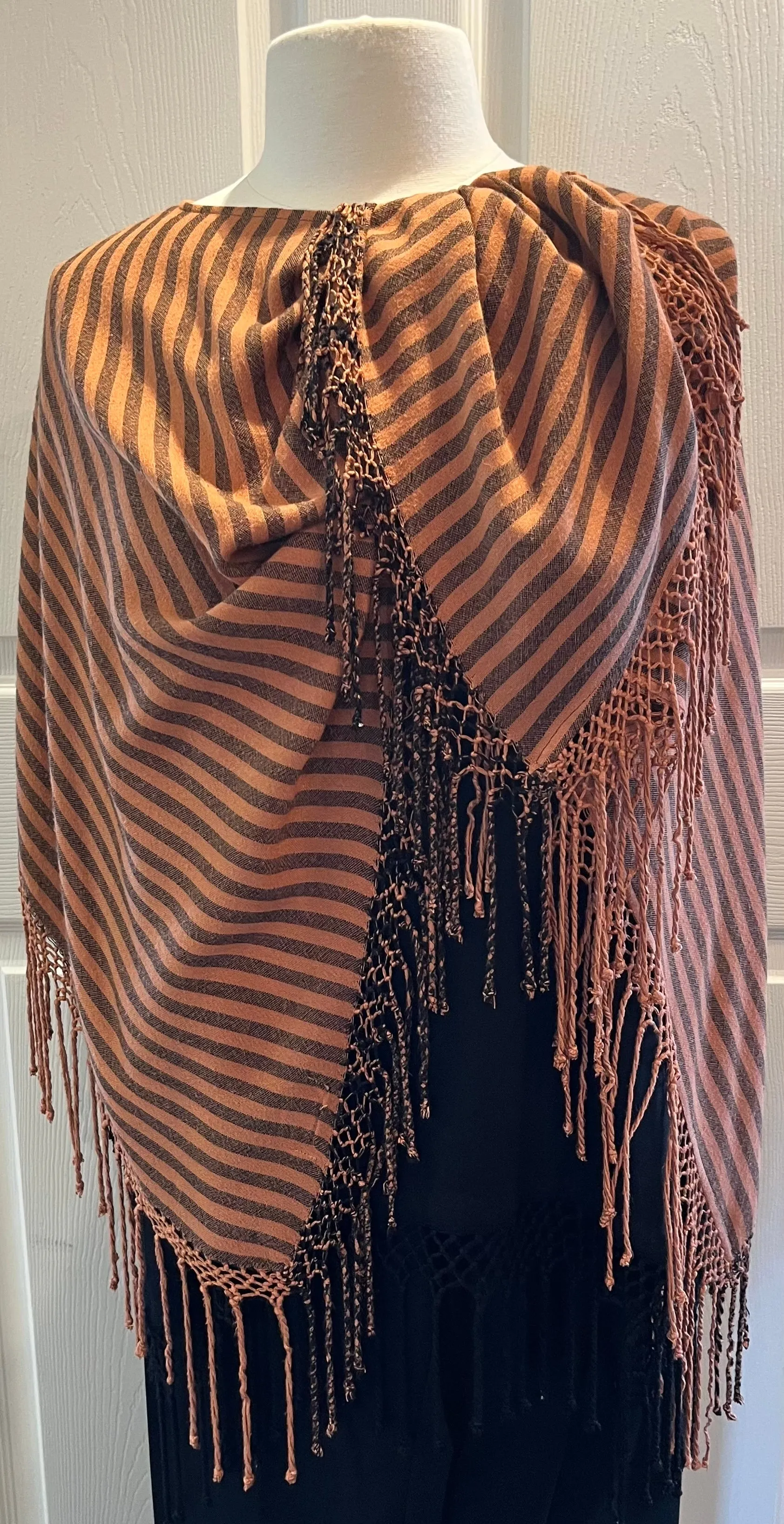 Terra Cotta Striped Fringed Poncho