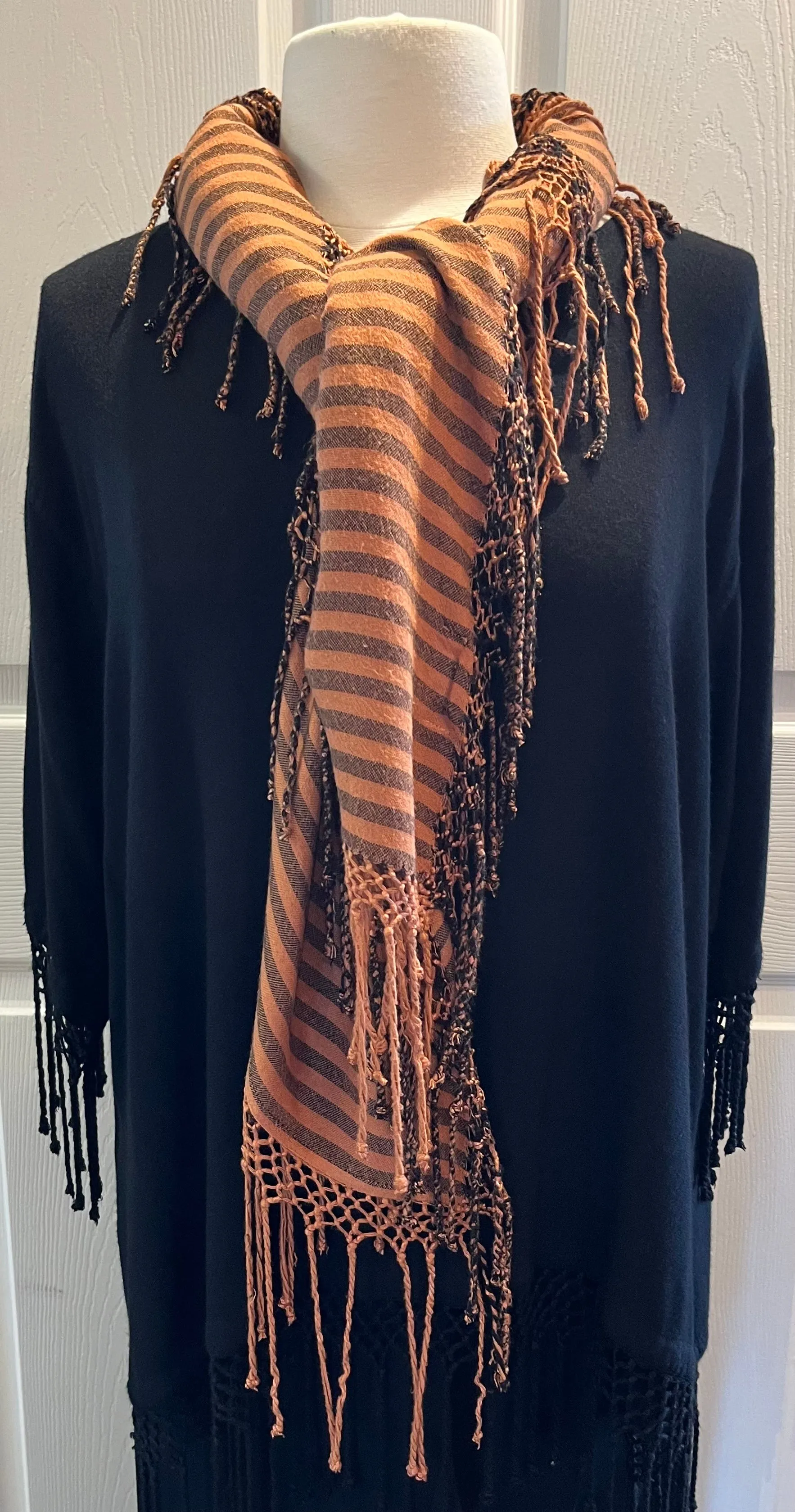 Terra Cotta Striped Fringed Poncho