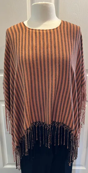 Terra Cotta Striped Fringed Poncho
