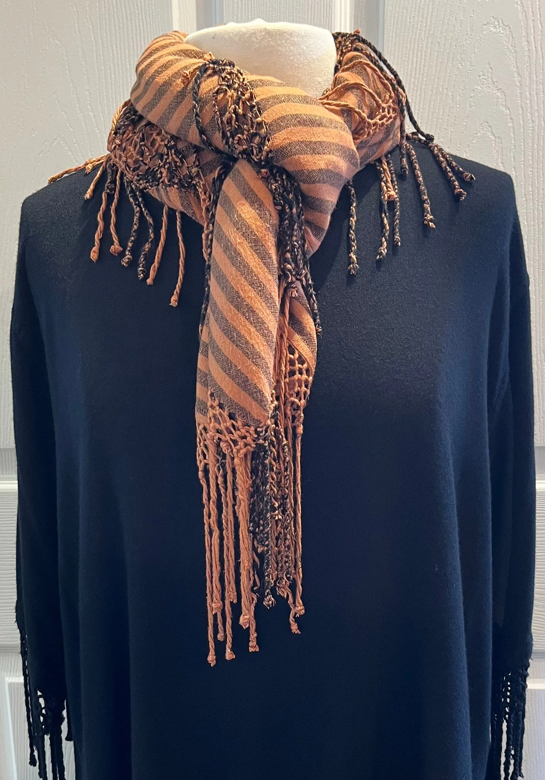 Terra Cotta Striped Fringed Poncho