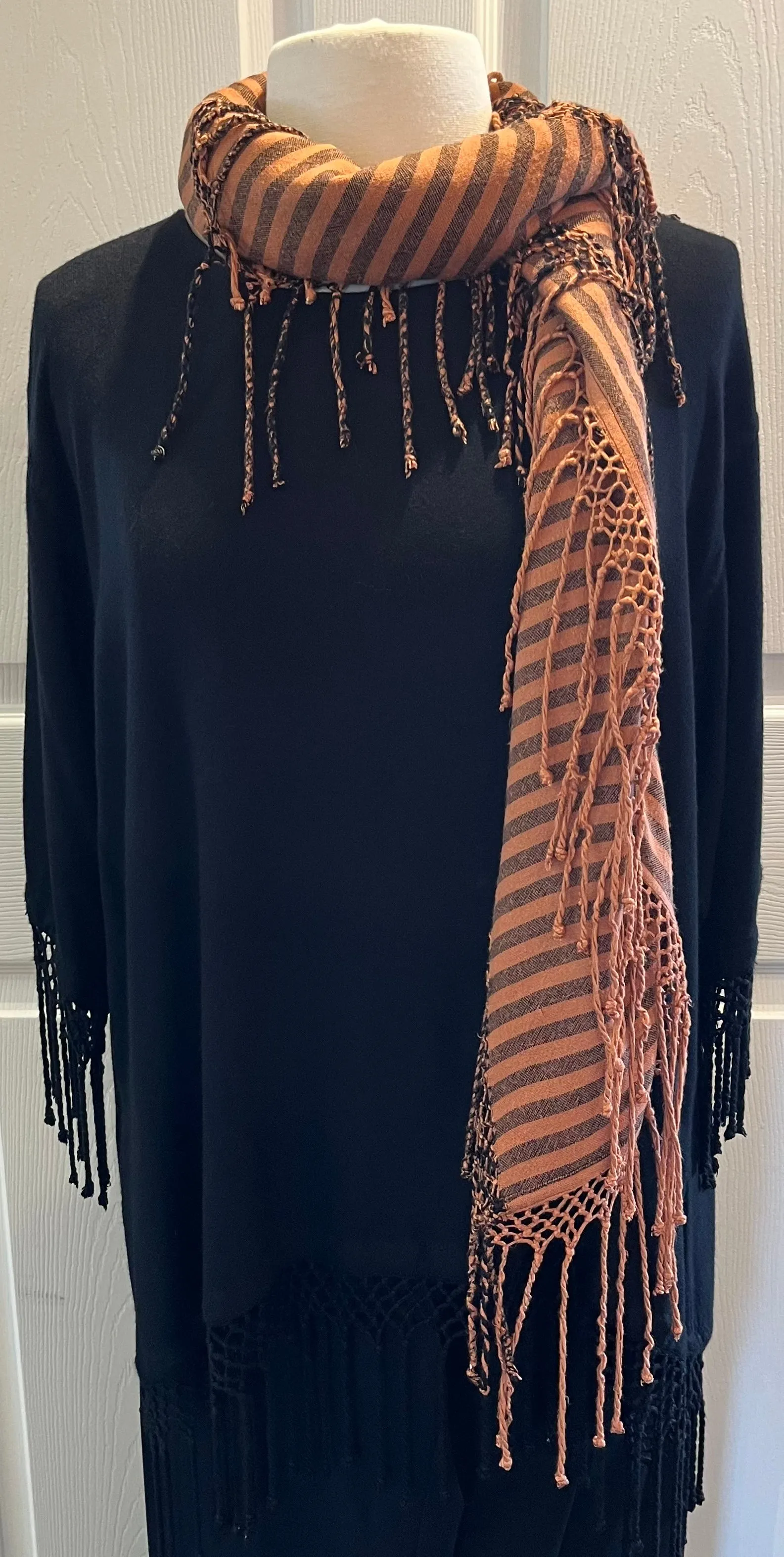 Terra Cotta Striped Fringed Poncho