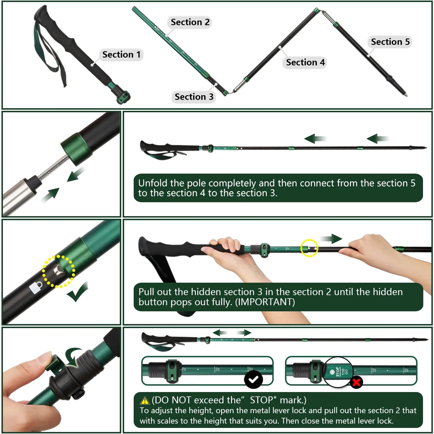 TheFitLife Collapsible Trekking Poles for Hiking – Lightweight Folding Walking Sticks for Men and Women with Extra-Long Foam Handle and Metal Flip Lock（Green fit 166-192cm）
