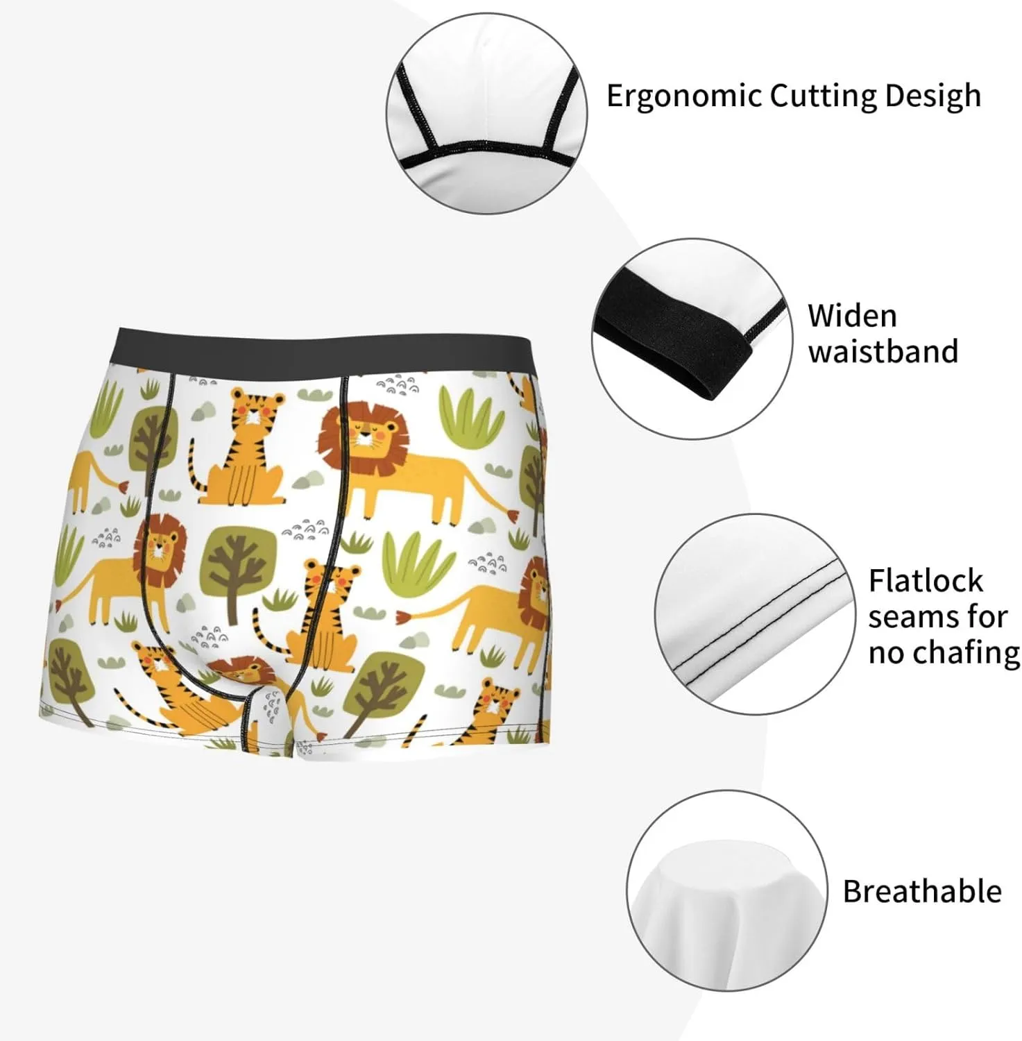 Tiger Lion Print Boxer Briefs For Men Breathable Underwear-