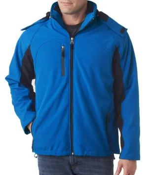 ultraclub adult color block 3-in-1 systems hooded soft shell jacket - classic blue/black (m)