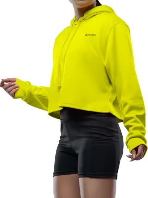 URBAN BUCK Womens Neon Yellow Cropped Hoodie Casual Long Sleeve Lamey Crop Top Hooded Sweatshirt (XL)