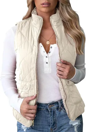 Valphsio Women's Reversible Sherpa Vest Quilted Zip Fleece Padded Gilet with Pockets