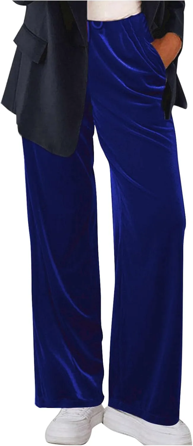 Velvet Pants for Women Elastic Waist Drawstring Trousers Palazzo Straight Leg Sweatpants Causal Sports Pantalones