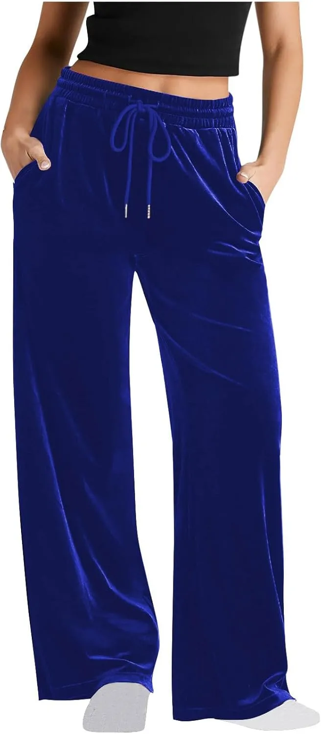 Velvet Pants for Women Elastic Waist Drawstring Trousers Palazzo Straight Leg Sweatpants Causal Sports Pantalones