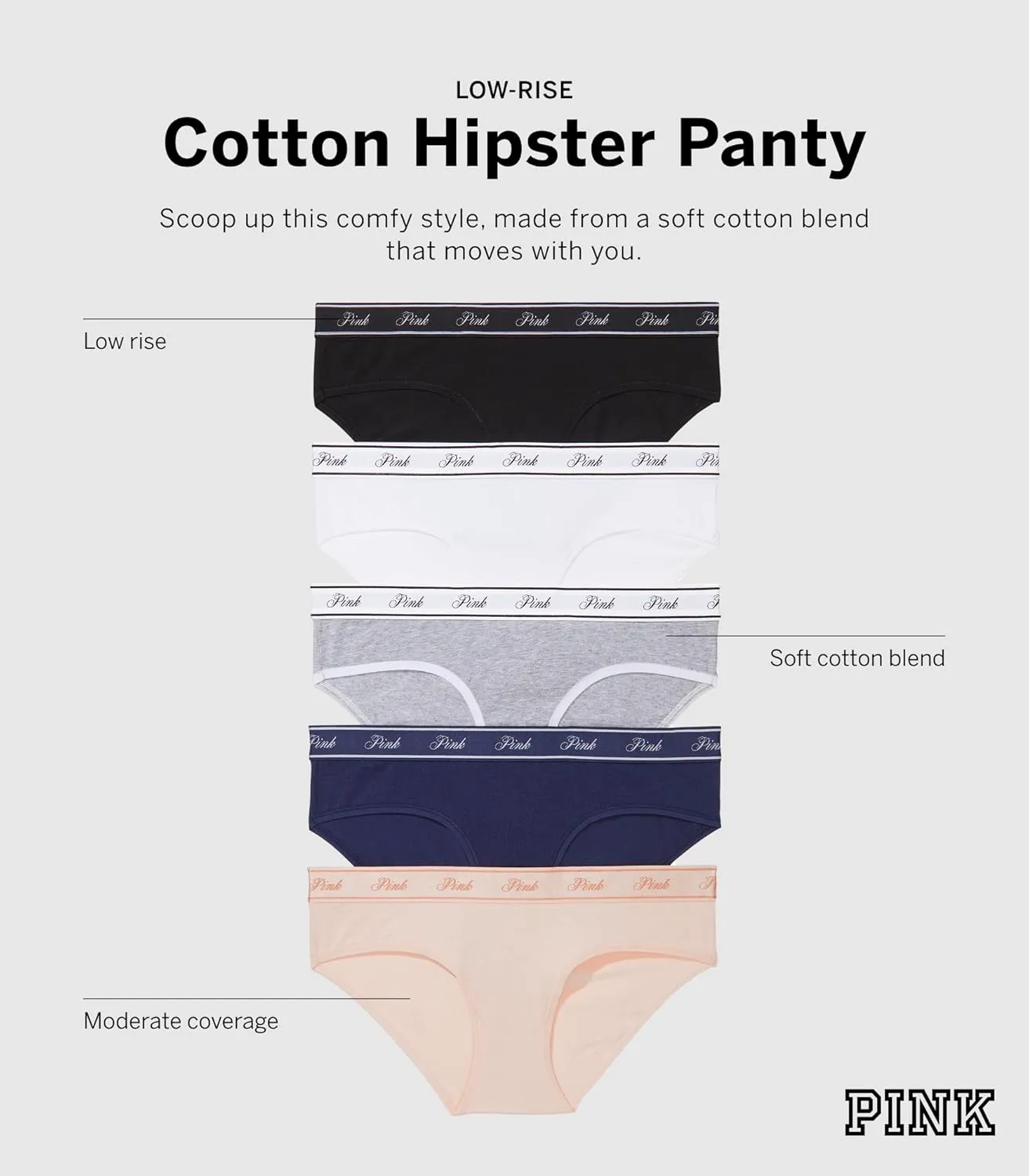 Victoria's Secret PINK Women's Cotton Logo Hipster Underwear, Moderate Coverage Panties for Women, Multi Pack (XS-XXL)
