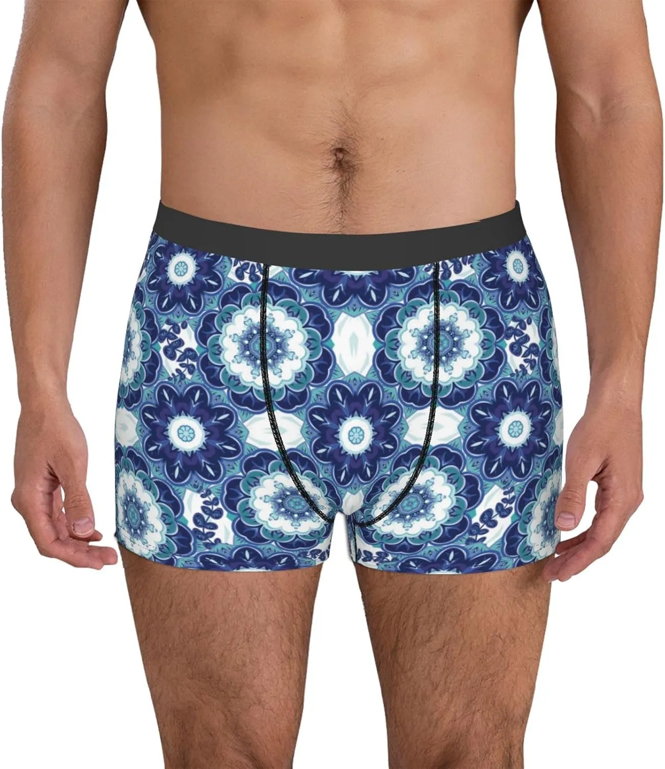 Vintage Blue Print Boxer Briefs For Men Breathable Underwear-