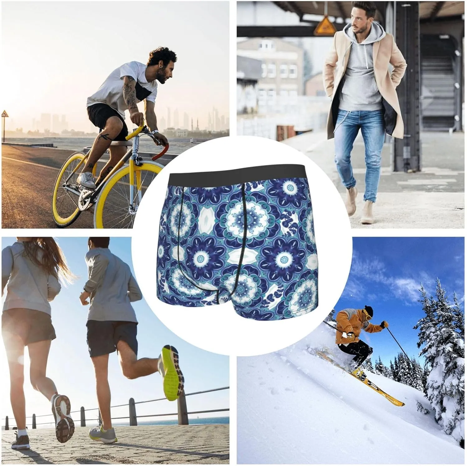 Vintage Blue Print Boxer Briefs For Men Breathable Underwear-