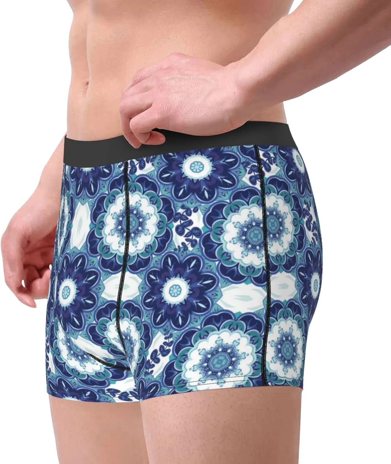 Vintage Blue Print Boxer Briefs For Men Breathable Underwear-