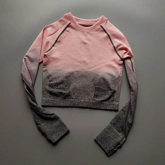 Vutru Yoga Shirts Women Ombre Crop Top High Stretchy Long Sleeve Fitness Shirt with Thumb Holes Seamless Gym Wear for Women