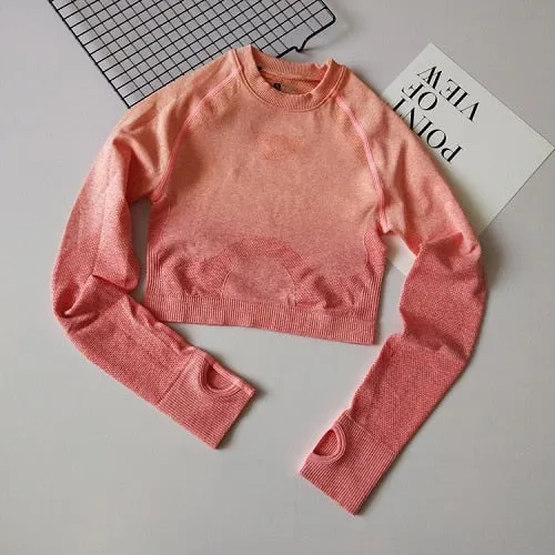 Vutru Yoga Shirts Women Ombre Crop Top High Stretchy Long Sleeve Fitness Shirt with Thumb Holes Seamless Gym Wear for Women