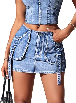 WDIRARA Women's Cargo Bodycon Mini Denim Skirt High Waist Zipper Front High Waist Short Skirts with Flap Pockets