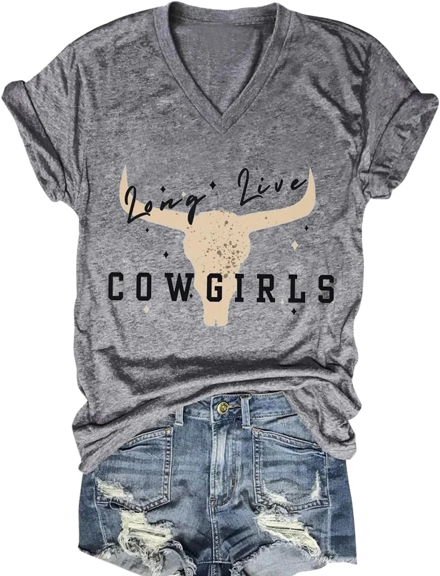 Western Country Shirt for Women Cowgirl Cartoon Boots V Neck Short Sleeve Tops Vintage Cowboy Graphic Tees
