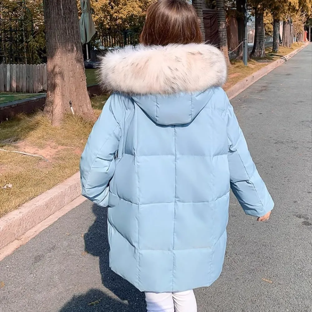 Winter Snow Puffer Jacket Ladies Fur Hooded Thickened Vegan Down Long Coats Pockets Baggy Outwear (Color : Blue A, Size : XXXXX-Large)