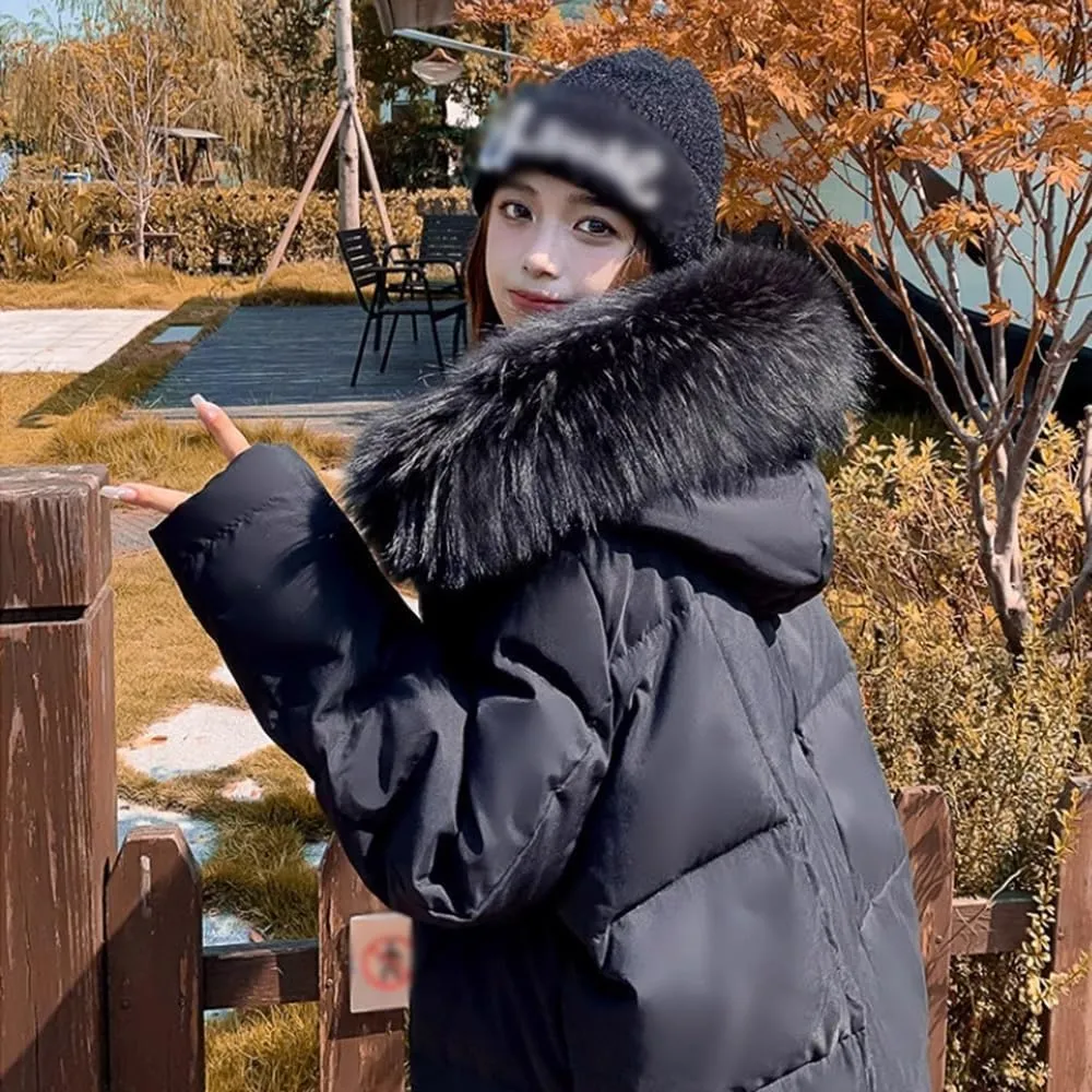 Winter Snow Puffer Jacket Ladies Fur Hooded Thickened Vegan Down Long Coats Pockets Baggy Outwear (Color : Blue A, Size : XXXXX-Large)