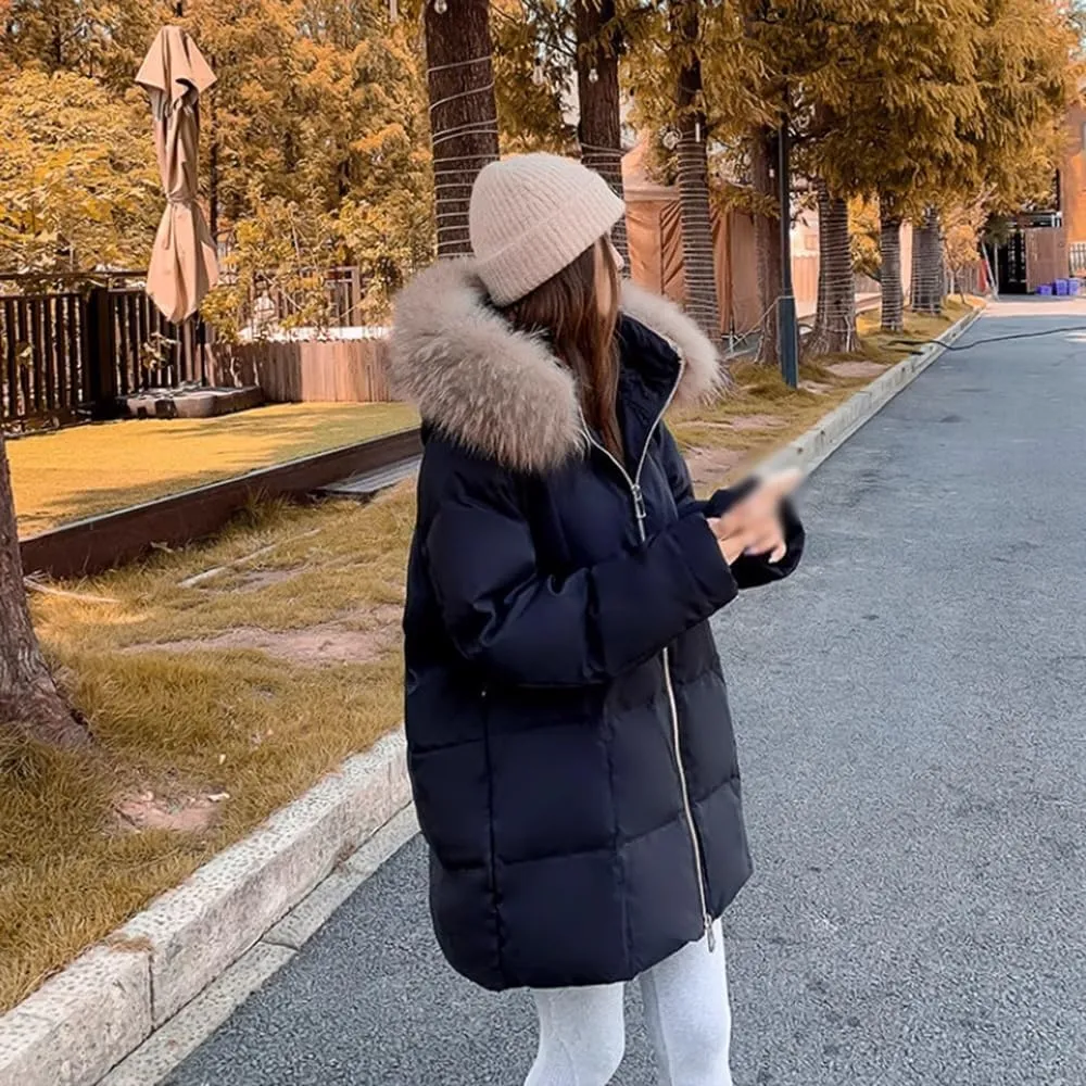 Winter Snow Puffer Jacket Ladies Fur Hooded Thickened Vegan Down Long Coats Pockets Baggy Outwear (Color : Blue A, Size : XXXXX-Large)