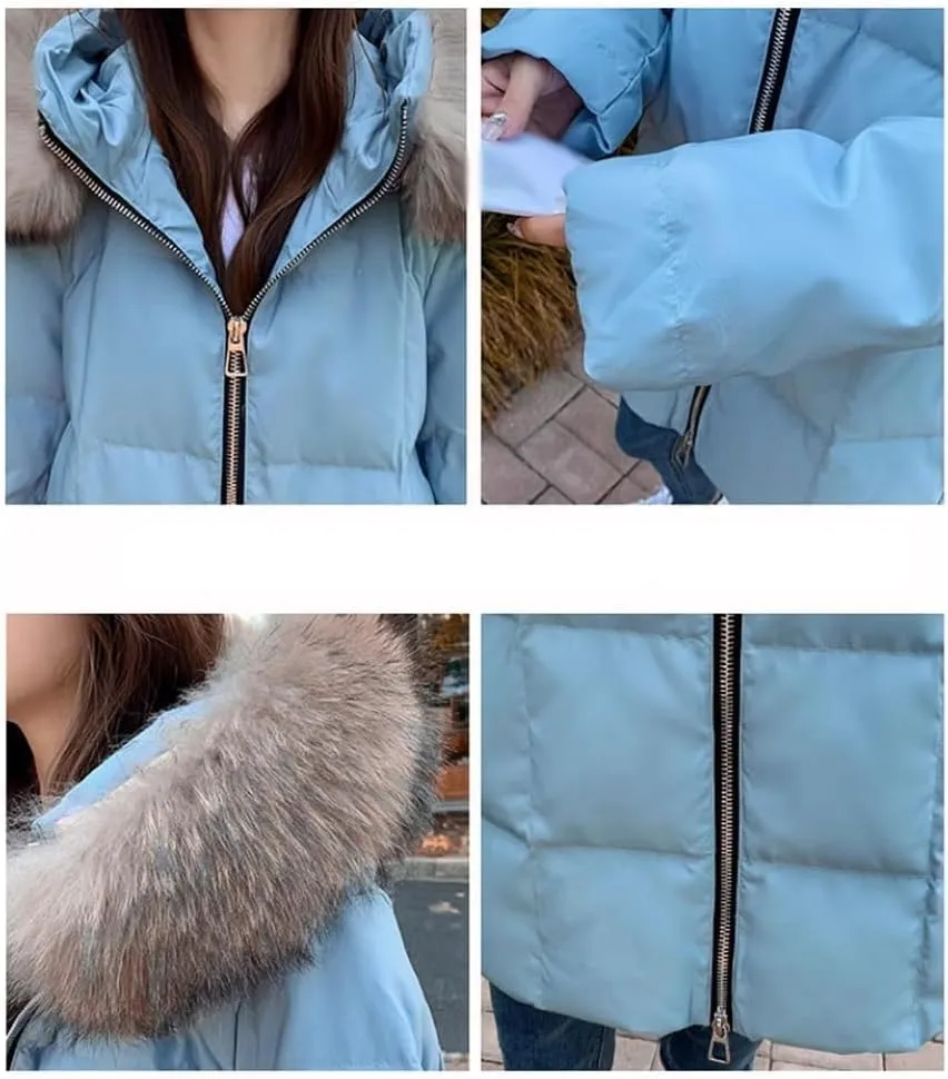 Winter Snow Puffer Jacket Ladies Fur Hooded Thickened Vegan Down Long Coats Pockets Baggy Outwear (Color : Blue A, Size : XXXXX-Large)