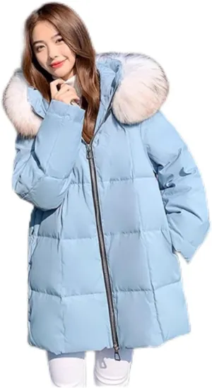 Winter Snow Puffer Jacket Ladies Fur Hooded Thickened Vegan Down Long Coats Pockets Baggy Outwear (Color : Blue A, Size : XXXXX-Large)