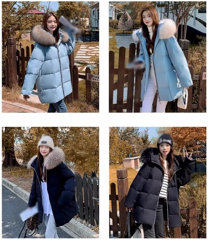 Winter Snow Puffer Jacket Ladies Fur Hooded Thickened Vegan Down Long Coats Pockets Baggy Outwear (Color : Blue A, Size : XXXXX-Large)