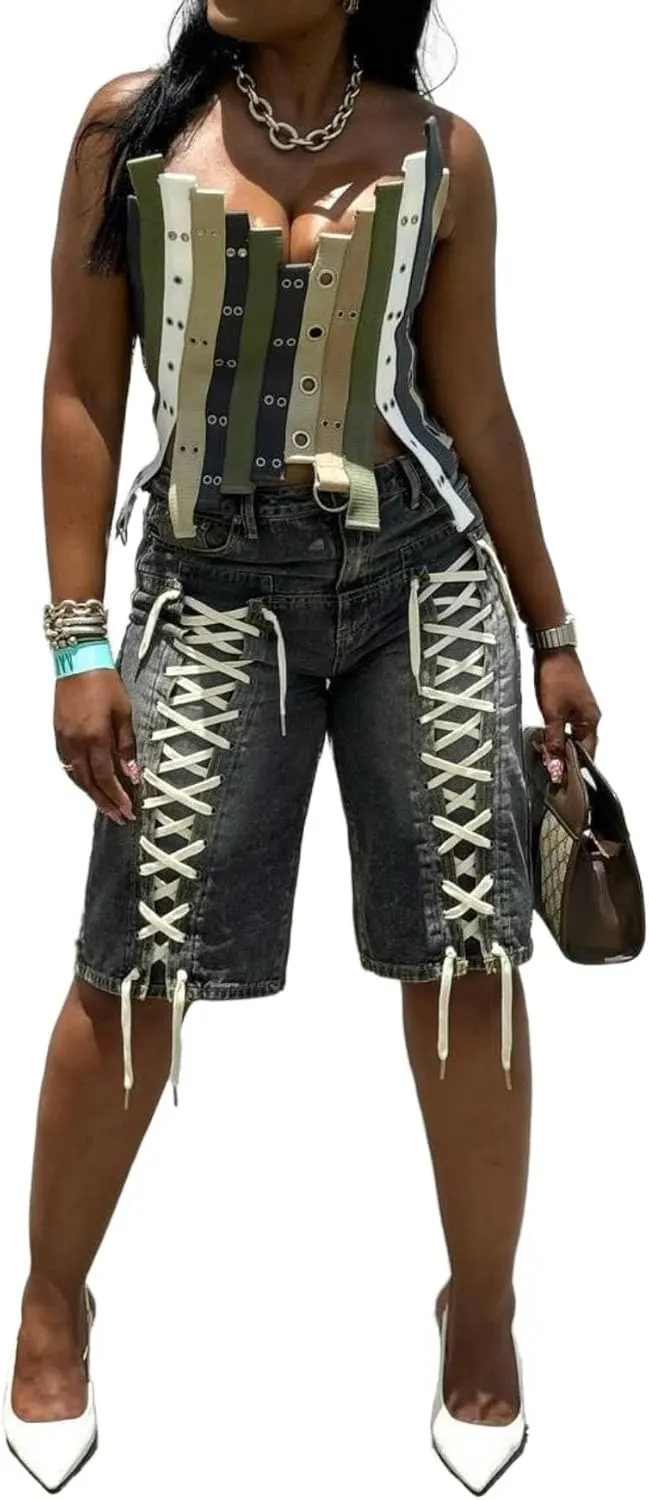 Women Cargo Jean Shorts Casual Baggy Straight Leg Bermuda Denim Shorts High Waisted Ripped Short Pants