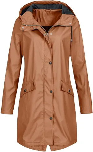 Women Waterproof Long Rain Coat Water Resistant Hooded Jacket Lightweight Outdoor Windbreaker Lightweight Rain Jackets